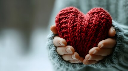 Fototapeta premium A warm, knitted red heart held gently in hands, symbolizing love and care in a cozy, inviting setting.