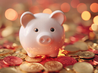 Piggy bank on pile of coins with glowing red and gold motifs