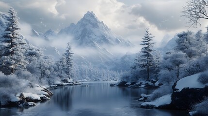 A snowy mountain range with a river running through it