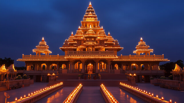 Ram Mandir in Ayodhya. Decorated with lamps and lights for Diwali celebration.