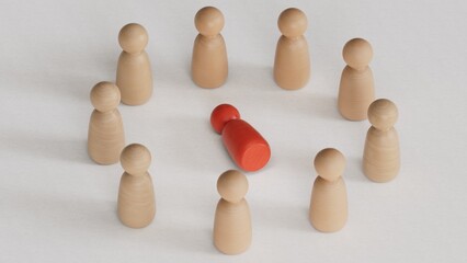 Hostile work environment. A Circle of Wooden figures. Harassment.3D rendering on white background.