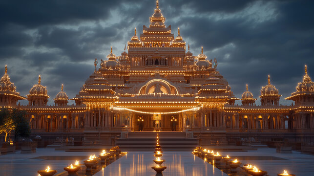 Ram Mandir in Ayodhya. Decorated with lamps and lights for Diwali celebration.