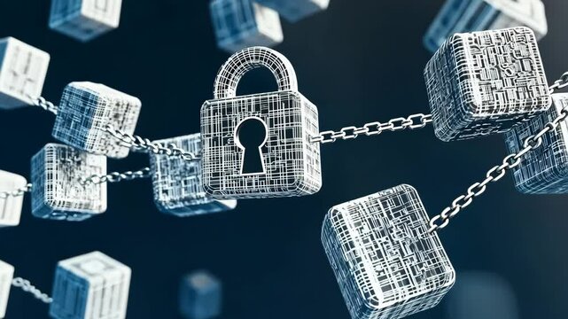 A symbolic representation of blockchain security, featuring interconnected digital locks and chains, symbolizing data protection and encryption by Generative AI.