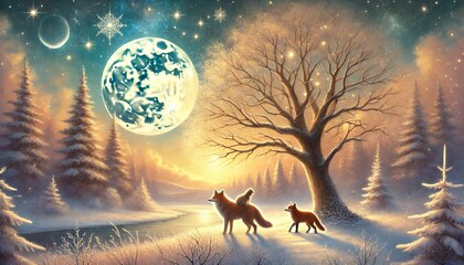 A serene winter night landscape featuring a large tree in golden moonlight, with a fox and wolf gazing at a dreamy, starry sky in pastel tones