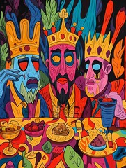 Obraz premium Three colorful kings enjoy a lavish feast, surrounded by vibrant patterns and lively colors, creating a whimsical and surreal atmosphere.