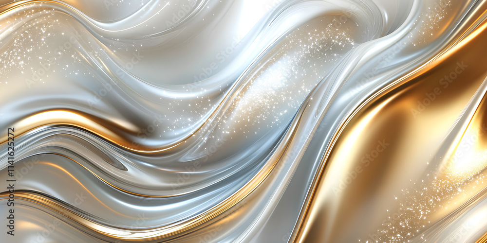 Poster 3d flow liquid wave abstract curve with gold glitter metallic glossy line particle
