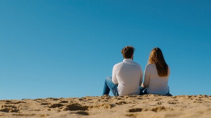 Fototapeta premium Romantic couple sitting on the sand, enjoying a sunny day at the beach