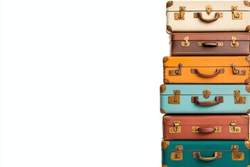 Colorful vintage suitcases stacked neatly, ideal for travel-themed designs, showcasing a blend of retro styles and hues.