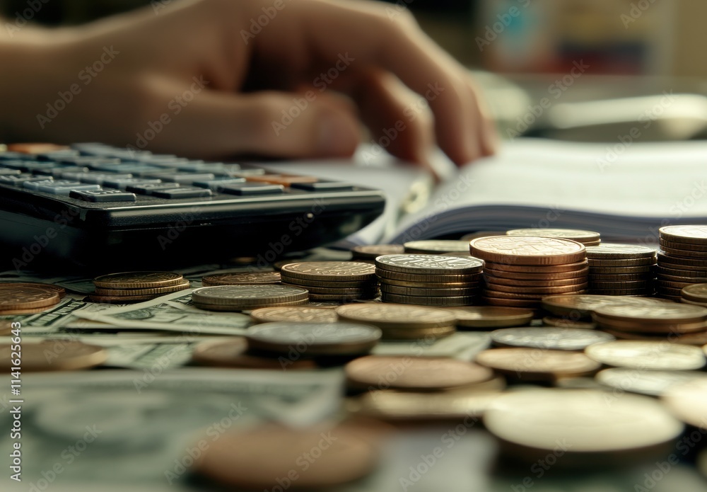 Aufkleber close-up view of hand calculating finances with a calculator surrounded by coins and dollar bills on