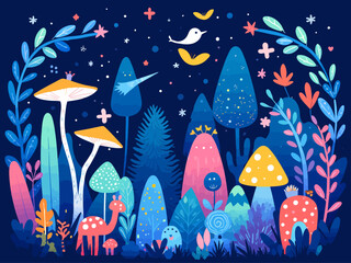  illustration enchanting forest at night with glowing plants and creatures