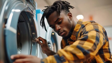 Young man operates a washing machine in a laundromat during daytime while dressed in a stylish checkered shirt