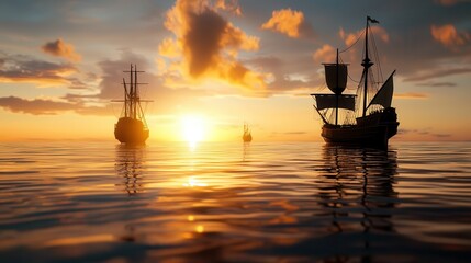 Obraz premium Golden sunset reflecting on the ocean with silhouettes of distant ships