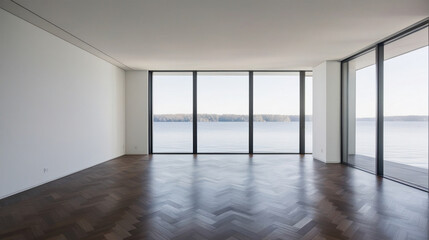 Obraz premium White empty room with parquet in modern apartment. Large windows overlooking the lake and no one inside