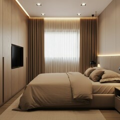 Fototapeta premium Modern Minimalist Bedroom Interior with Ambient Lighting