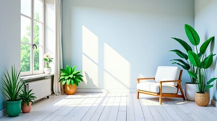 Sunlit Room with Modern Chair and Lush Greenery, Perfect for Relaxation and Tranquility