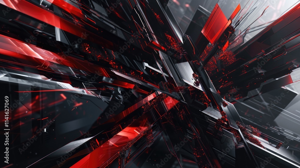 Poster abstract red and black geometric structure creating a dynamic, futuristic visual effect.
