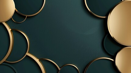 Elegant abstract design featuring gold circles on a dark teal background.