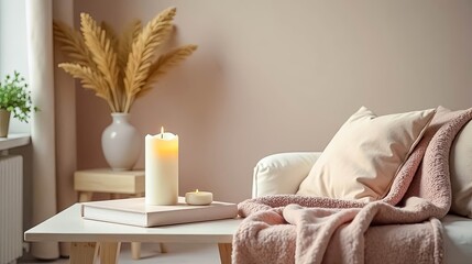 Cozy Living Room Scene with Lit Candles and Soft Textures on Side Table