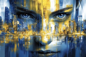 A striking digital artwork featuring a woman's intense blue eyes merging with a vibrant city skyline in shades of blue and yellow.