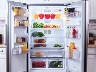 Open fridge filled with fresh vegetables fruits beverages and organized shelves symbolizing cleanliness and healthy living