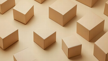 A minimalist arrangement of various brown cardboard boxes on a light background, showcasing geometric shapes and an organized layout.