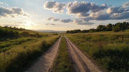 Naklejka premium Expansive sky filled with fluffy white clouds over an open countryside field