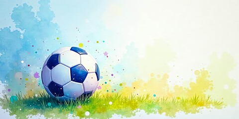 Fototapeta premium A Vibrant Watercolor Scene of a Soccer Ball Resting on Lush Green Grass Against a Pastel Sky Background