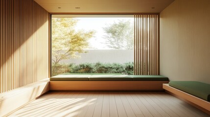 Fototapeta premium Modern minimalist interior design with a large window showcasing a tranquil garden. Sunlight streams into a serene room featuring a wooden bench seat, and light-toned wood flooring.