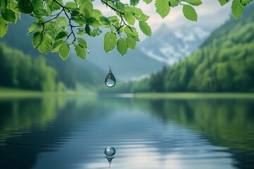 Water drop falling onto calm lake surface, reflecting mountains and trees.