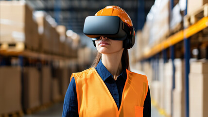 A woman in safety gear uses a virtual reality headset in a warehouse, showcasing modern technology in an industrial setting.