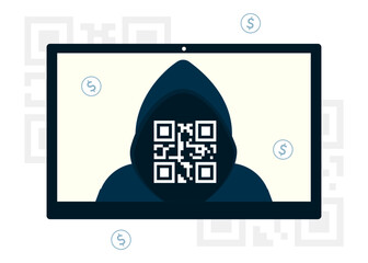 Fake qr code and scammer on the tablet screen.  Phishing fraud concept. Online crime warning. Financial scam. Flat vector poster, banner.