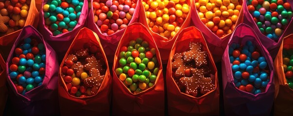 Pattern of festive shopping bags filled with gingerbread cookies, glowing sweet candies, and Santa-themed molecule decorations