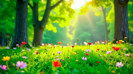 Fototapeta premium Vibrant wildflowers bathed in sunlight, a picturesque meadow scene with lush green grass and towering trees creating a tranquil natural environment.