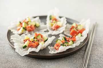 Cucumber and Salmon on Crispy Rice Chips. Trend snack