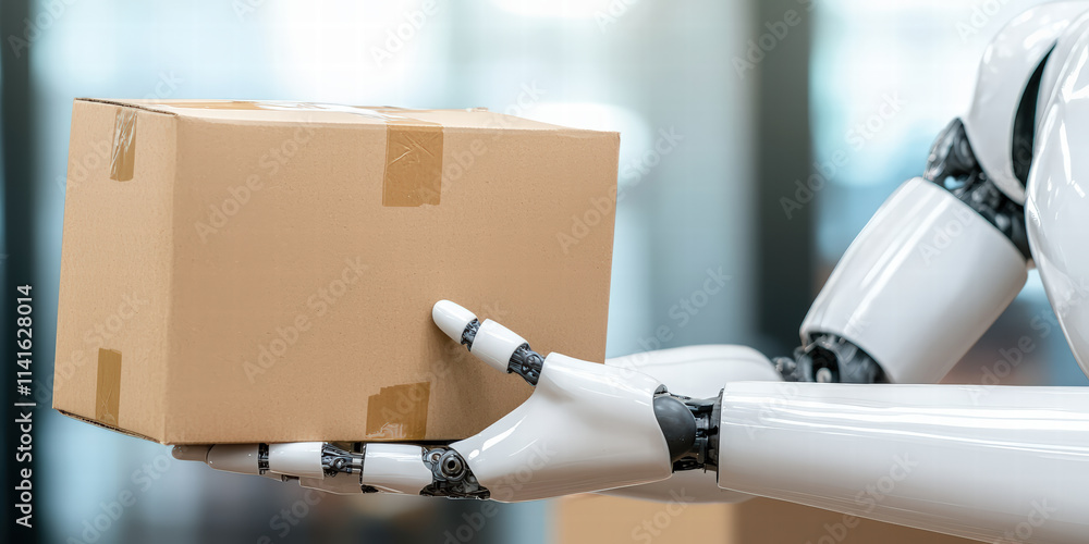 Poster a robotic arm holds a cardboard box, showcasing automation and technology in handling goods in a mod