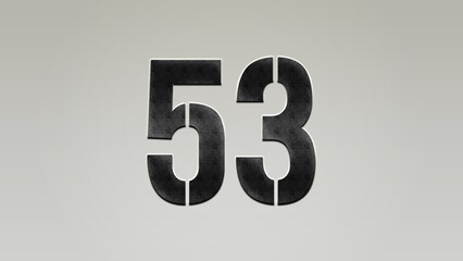 3D Bold metal number 53 on silver background.