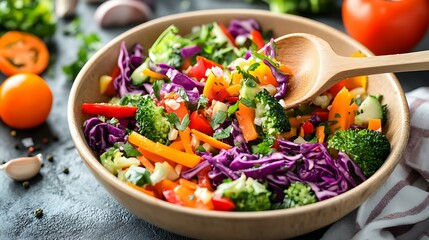A colorful bowl of freshly chopped vegetables being tossed with a wooden spoon.