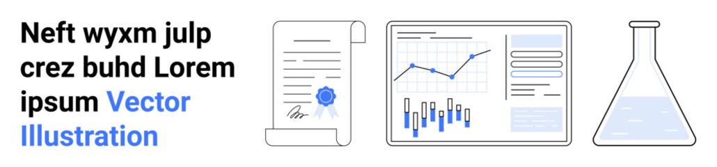 Business document, statistical chart with graphs, and laboratory flask. Ideal for business analysis, data presentation, scientific research, financial review, academic work, technological