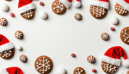 Pattern of Santa hats surrounded by glowing molecule-themed snowflakes, gingerbread shapes, and festive sweet candy ornaments