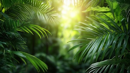 Obraz premium Close-up view of tropical palm trees with sunlight streaming through the leaves
