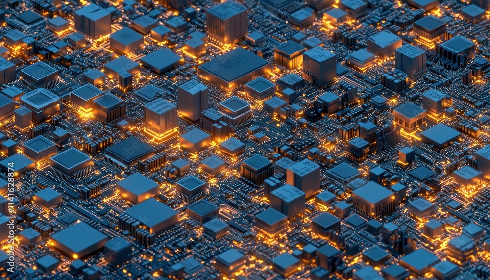 Poster seamless background of microchips, glowing power lines, and high-tech grid structures glowing in sof