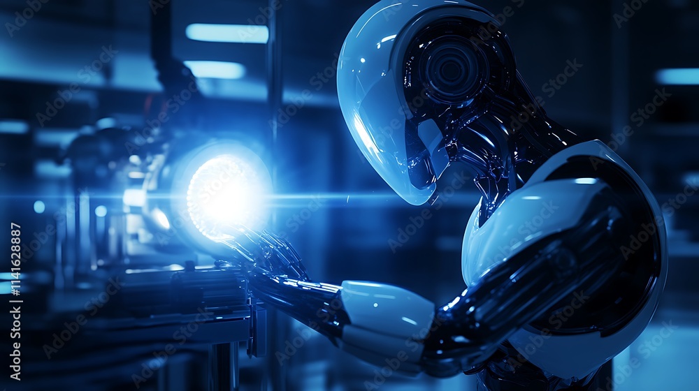 Poster futuristic robot working in a high-tech environment for showcasing advanced technology or artificial
