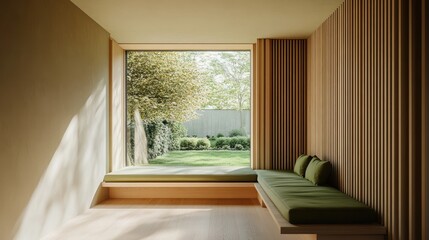Fototapeta premium Minimalist interior with large window showcasing a garden. Sunlight streams into a peaceful room featuring a wooden bench seat with olive green cushions, a light beige wall, and wooden paneling.