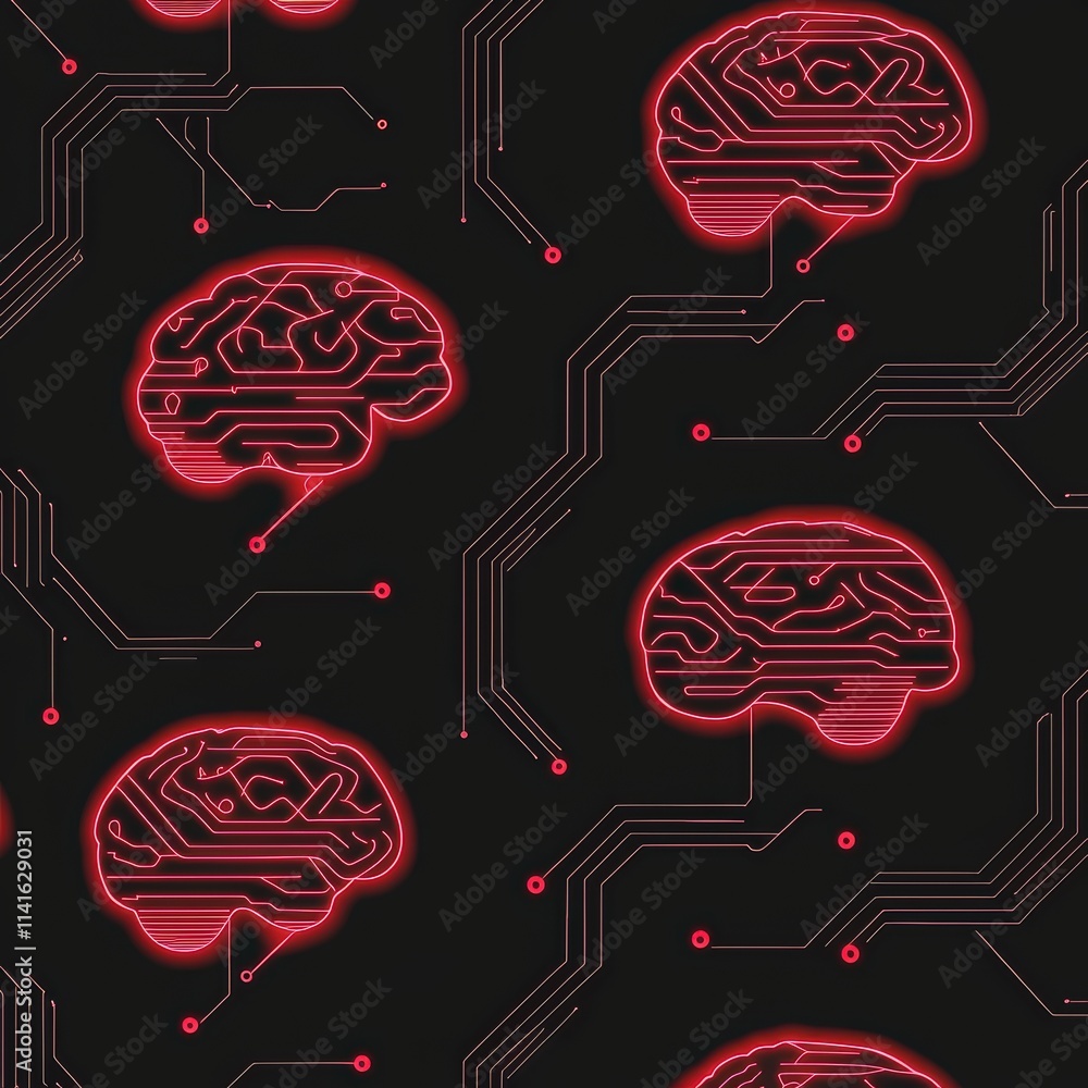 Poster seamless design featuring futuristic ai brain symbols, neural lines, and abstract glowing microproce