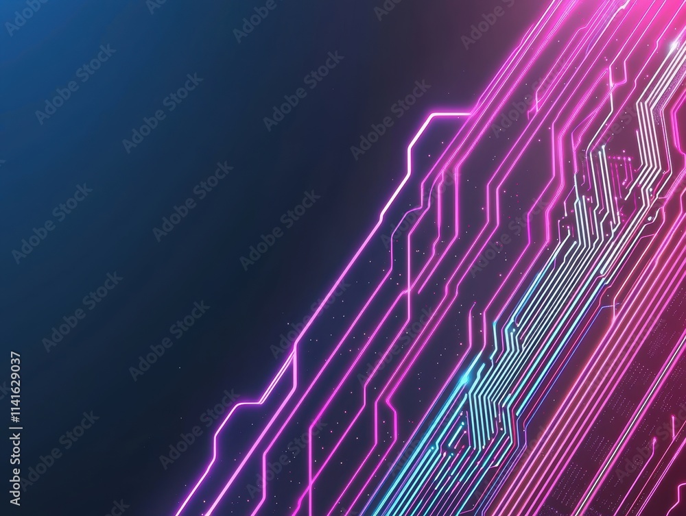 Poster seamless design of electronic waveforms, neon data connections, and microchip patterns glowing under