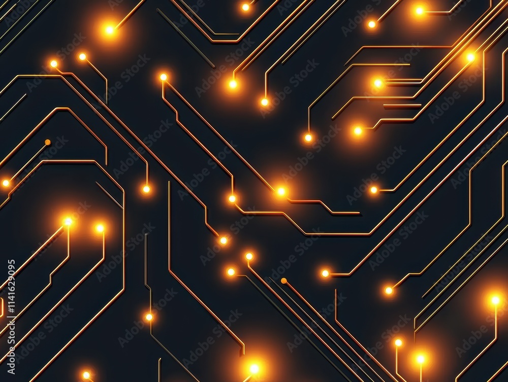 Poster seamless design of electronic waveforms, neon data connections, and microchip patterns glowing under