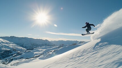 Extreme snowboarding moment with a rider soaring through the air under a sunny sky