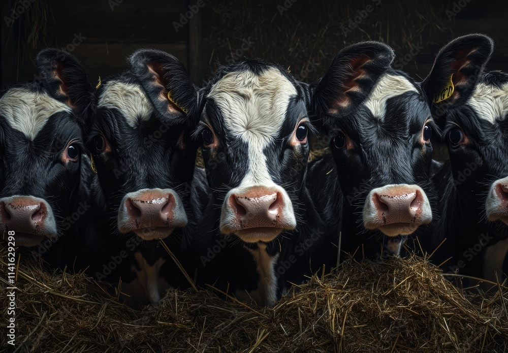 Poster curious young cows in barn looking out from hay with soft light and texture emphasizing their featur