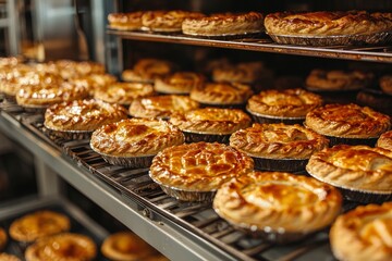 Lifestyle reportage photography of a pie and pastry wholesale bakery factory, finished meat pies that have finished baking in industrial oven 