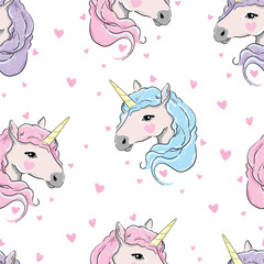 Obraz premium Seamless Unicorn Pattern Cute Pastel Fantasy Hand Drawn Design with heart Background Vector